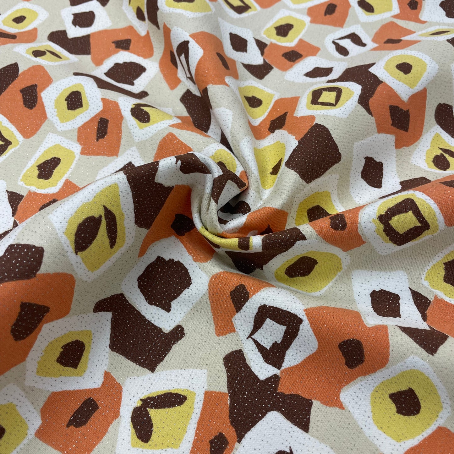 Brown & Orange Geometric Silver Sparkle Cotton Stretch Deadstock Fabric