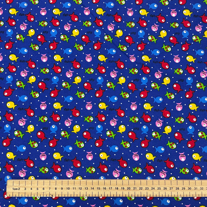 Multicolour Fish Print Blue Needlecord Deadstock Fabric