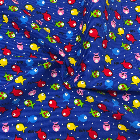 Multicolour Fish Print Blue Needlecord Deadstock Fabric