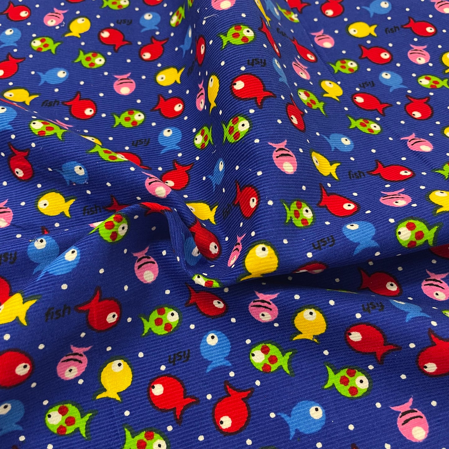 Multicolour Fish Print Blue Needlecord Deadstock Fabric