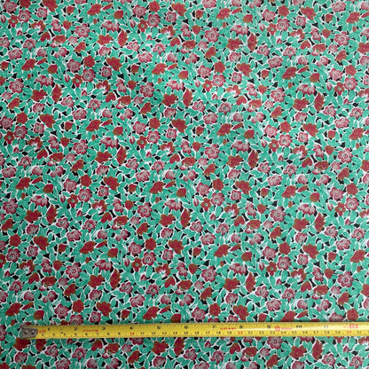 Green & Red Floral Block Printed Egyptian Cotton Deadstock Fabric