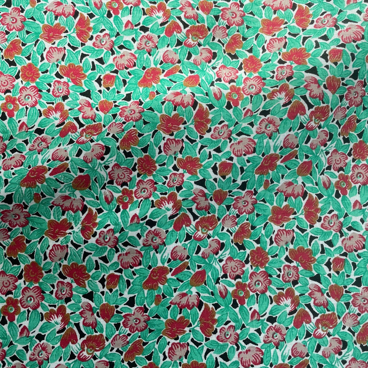 Green & Red Floral Block Printed Egyptian Cotton Deadstock Fabric