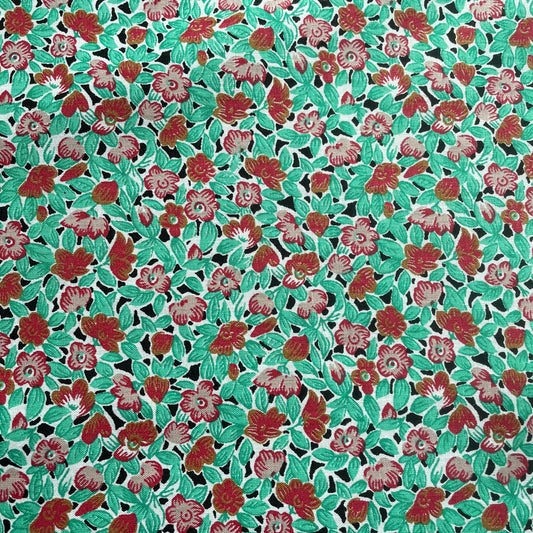 Green & Red Floral Block Printed Egyptian Cotton Deadstock Fabric