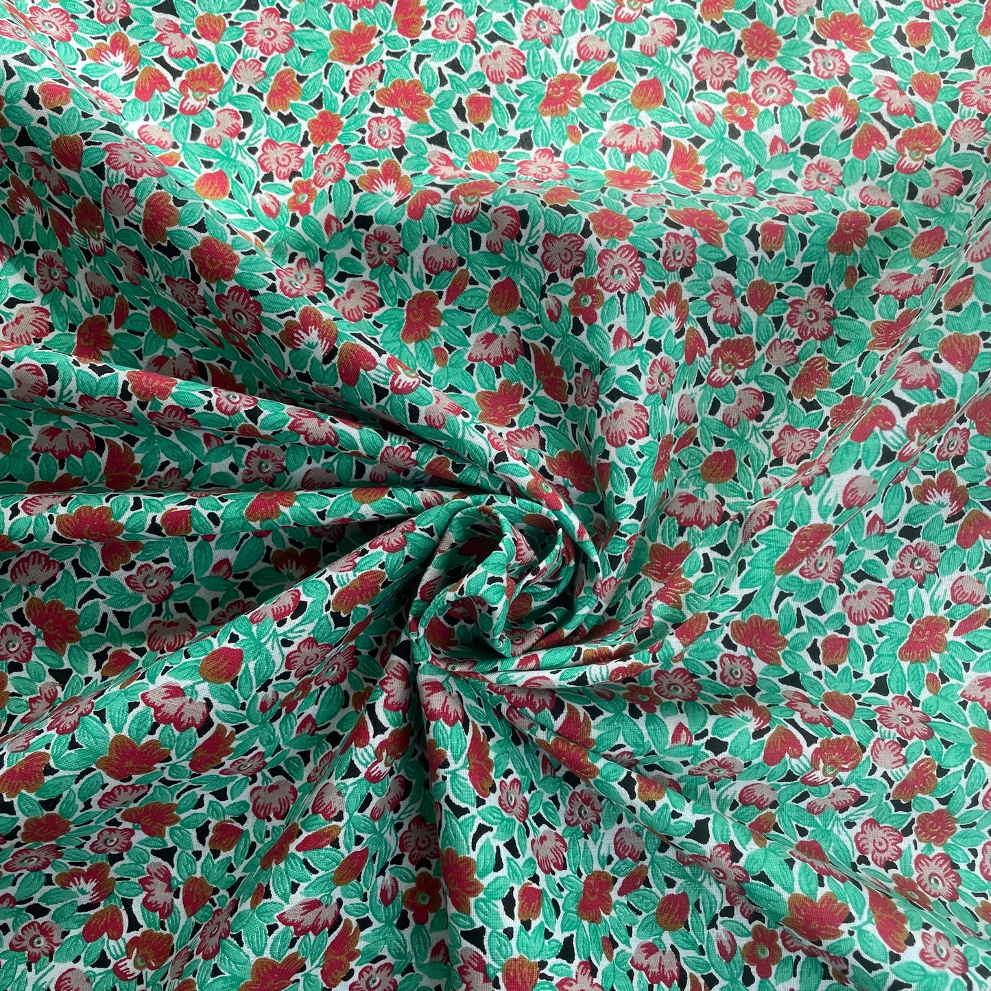 Green & Red Floral Block Printed Egyptian Cotton Deadstock Fabric