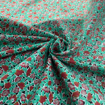 Green & Red Floral Block Printed Egyptian Cotton Deadstock Fabric
