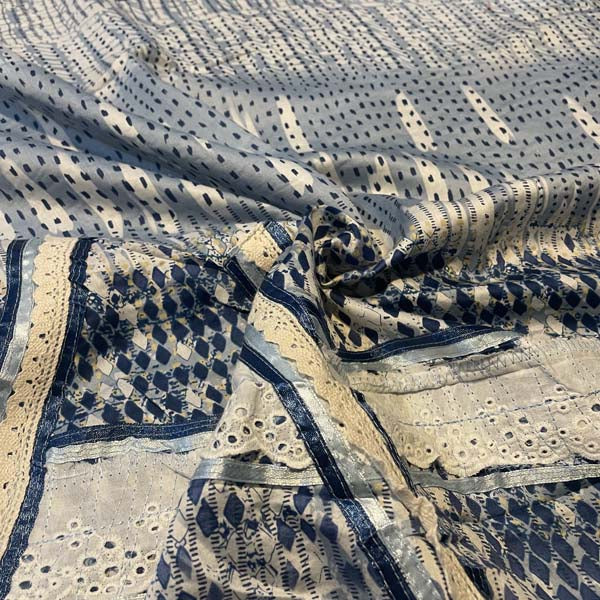 Blue & White Abstract Lace Detail Cotton Deadstock Fabric