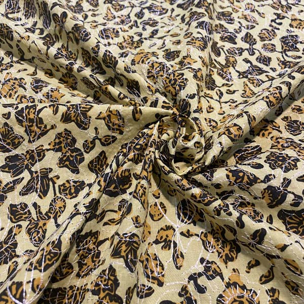 Yellow Orange Black Embroidered Floral Cotton Deadstock Fabric