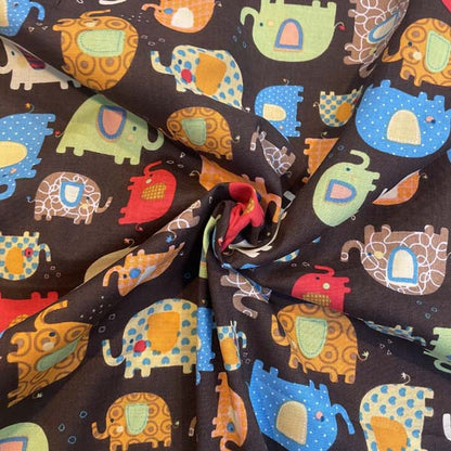 Elephant Print Brown Cotton Deadstock Fabric