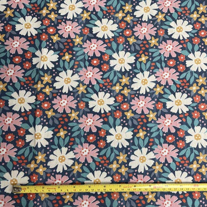 Navy Pink Daisy Floral Cotton Deadstock Fabric