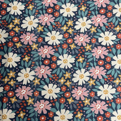 Navy Pink Daisy Floral Cotton Deadstock Fabric