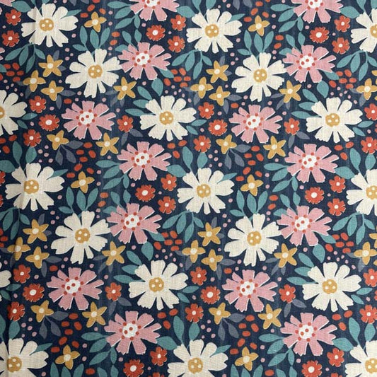 Navy Pink Daisy Floral Cotton Deadstock Fabric