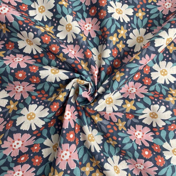 Navy Pink Daisy Floral Cotton Deadstock Fabric