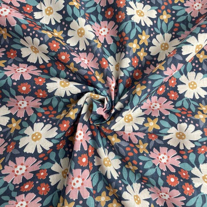 Navy Pink Daisy Floral Cotton Deadstock Fabric