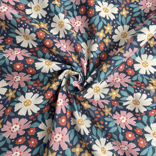 Navy Pink Daisy Floral Cotton Deadstock Fabric