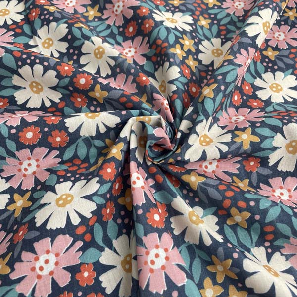 Navy Pink Daisy Floral Cotton Deadstock Fabric