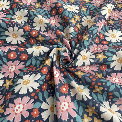Navy Pink Daisy Floral Cotton Deadstock Fabric