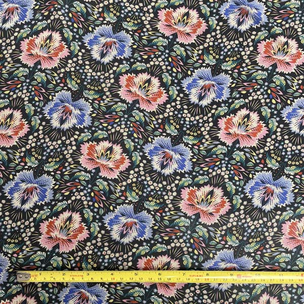 Red & Blue Feather Floral Chiffon Deadstock Fabric