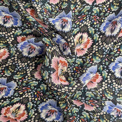 Red & Blue Feather Floral Chiffon Deadstock Fabric