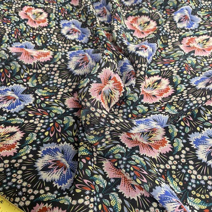 Red & Blue Feather Floral Chiffon Deadstock Fabric