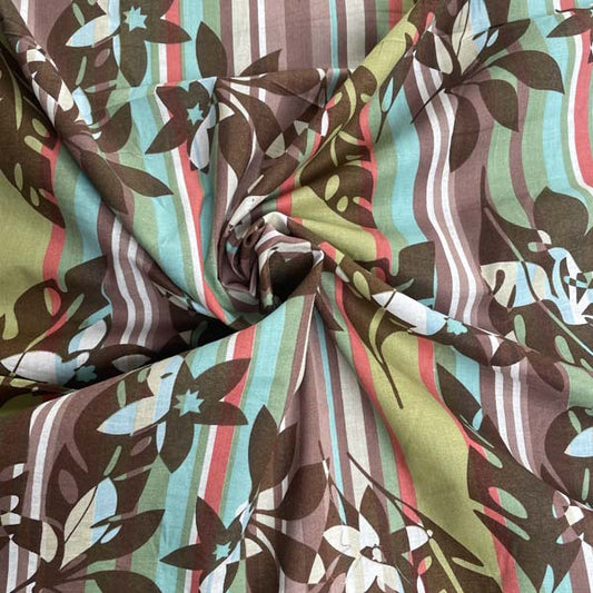 Brown Leaf & Multicolour Stripe Cotton Deadstock Fabric