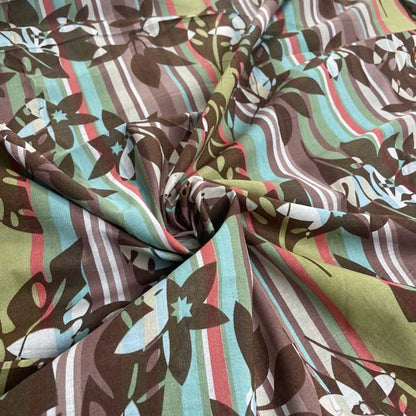 Brown Leaf & Multicolour Stripe Cotton Deadstock Fabric