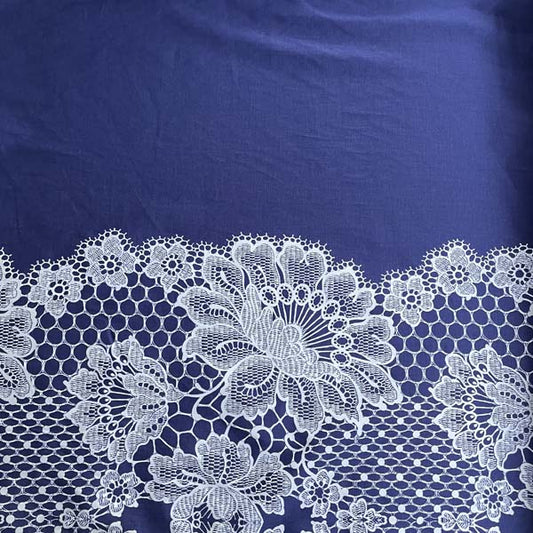 Navy Blue & White Lace Print Cotton Deadstock Fabric
