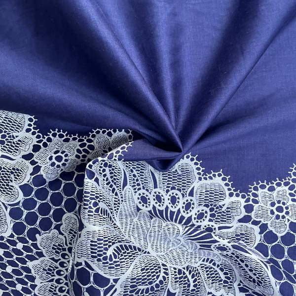Navy Blue & White Lace Print Cotton Deadstock Fabric