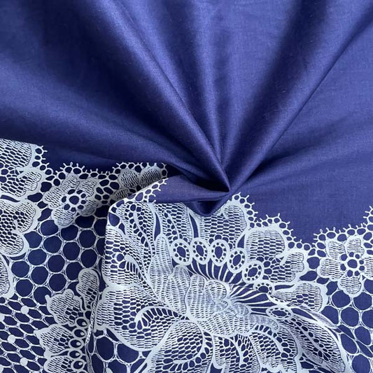 Navy Blue & White Lace Print Cotton Deadstock Fabric