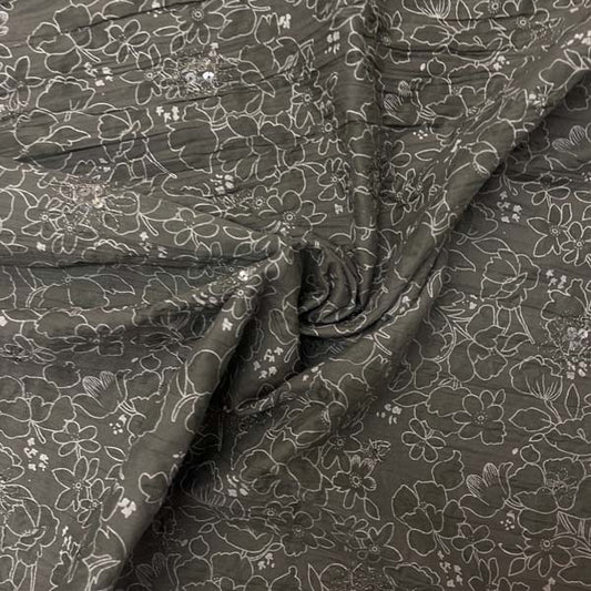 Khaki Green Floral Sequin Seersucker Deadstock Fabric