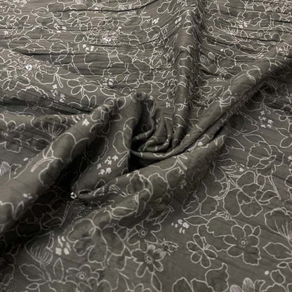 Khaki Green Floral Sequin Seersucker Deadstock Fabric