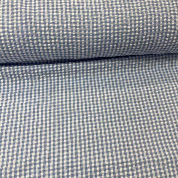 Light Blue & White Gingham Seersucker Deadstock Fabric