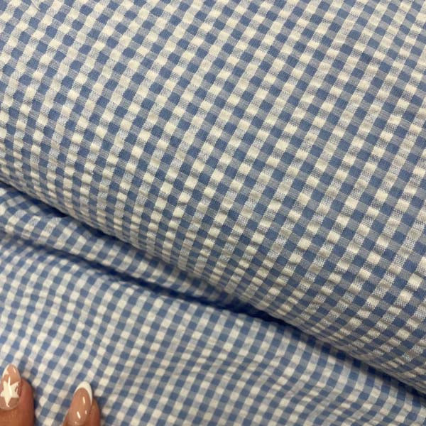 Light Blue & White Gingham Seersucker Deadstock Fabric