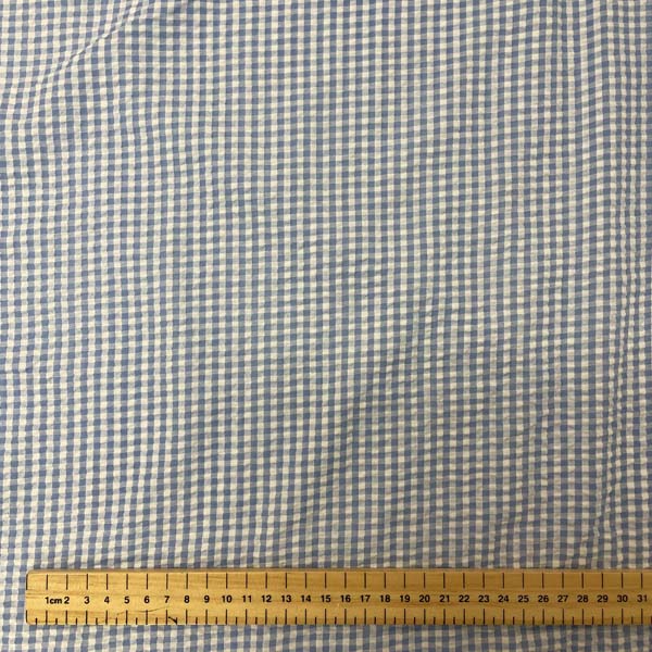 Light Blue & White Gingham Seersucker Deadstock Fabric