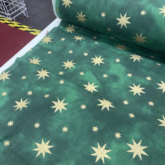 Green & Gold Star Cotton Deadstock Fabric