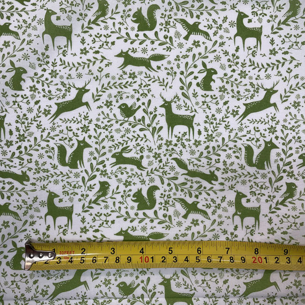 Green & White Winter Forest Animals Printed Polycotton Fabric