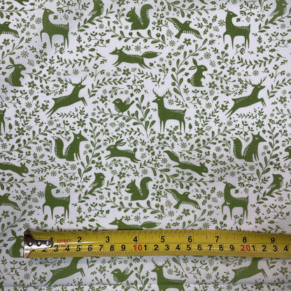 Green & White Winter Forest Animals Printed Polycotton Fabric