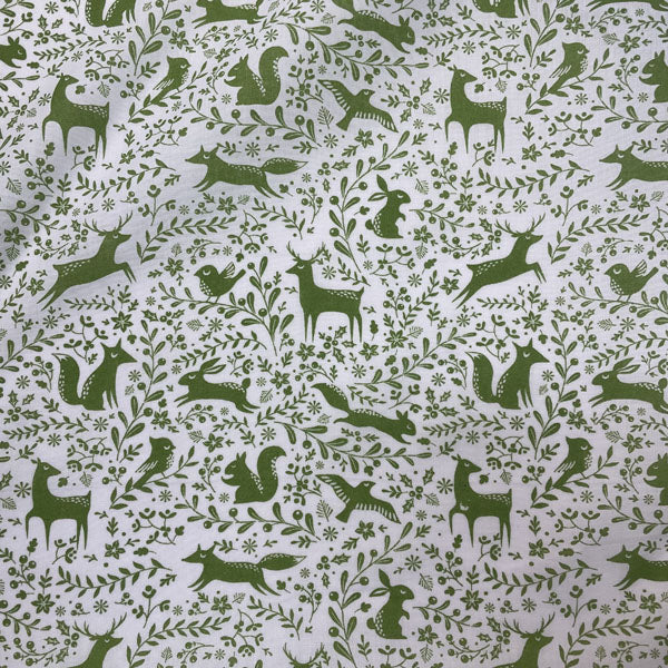 Green & White Winter Forest Animals Printed Polycotton Fabric