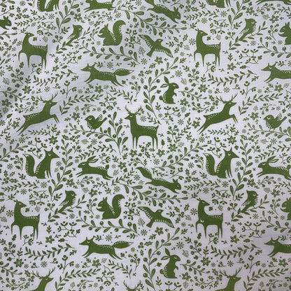 Green & White Winter Forest Animals Printed Polycotton Fabric