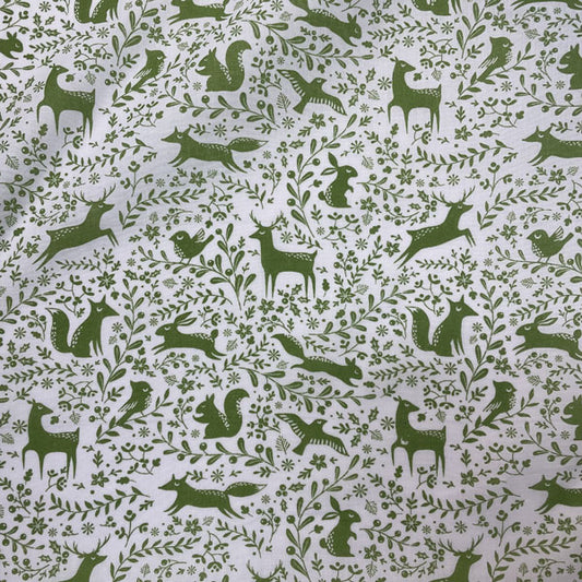 Green & White Winter Forest Animals Printed Polycotton Fabric