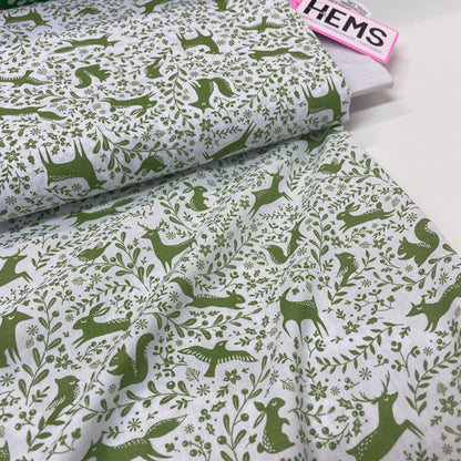 Green & White Winter Forest Animals Printed Polycotton Fabric