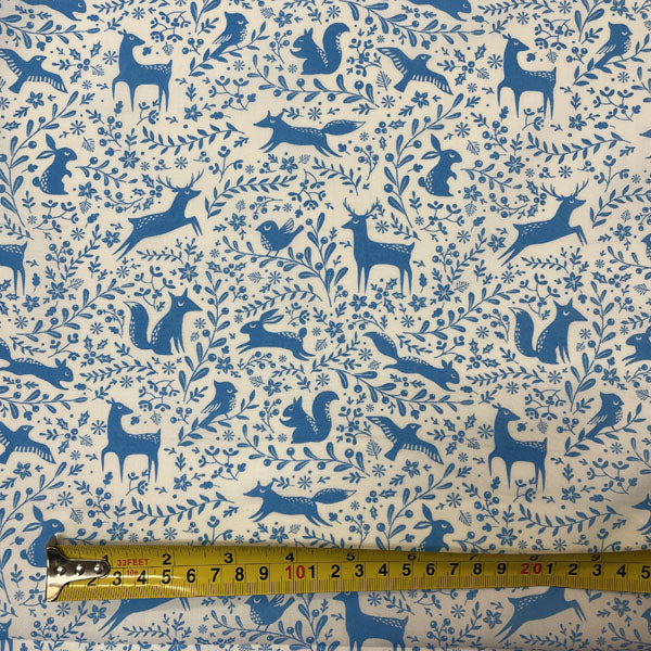 Blue & White Winter Forest Animals Printed Polycotton Fabric