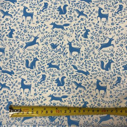 Blue & White Winter Forest Animals Printed Polycotton Fabric