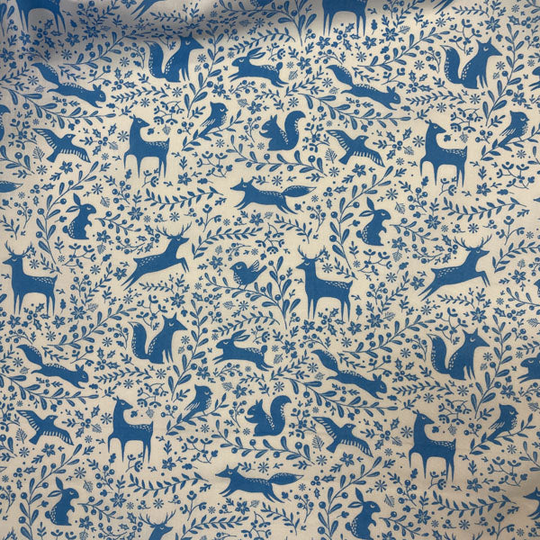 Blue & White Winter Forest Animals Printed Polycotton Fabric