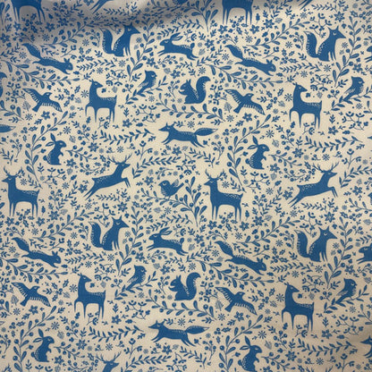 Blue & White Winter Forest Animals Printed Polycotton Fabric