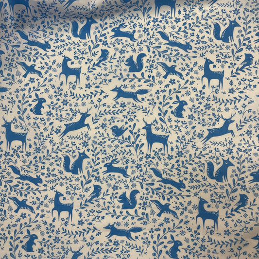 Blue & White Winter Forest Animals Printed Polycotton Fabric