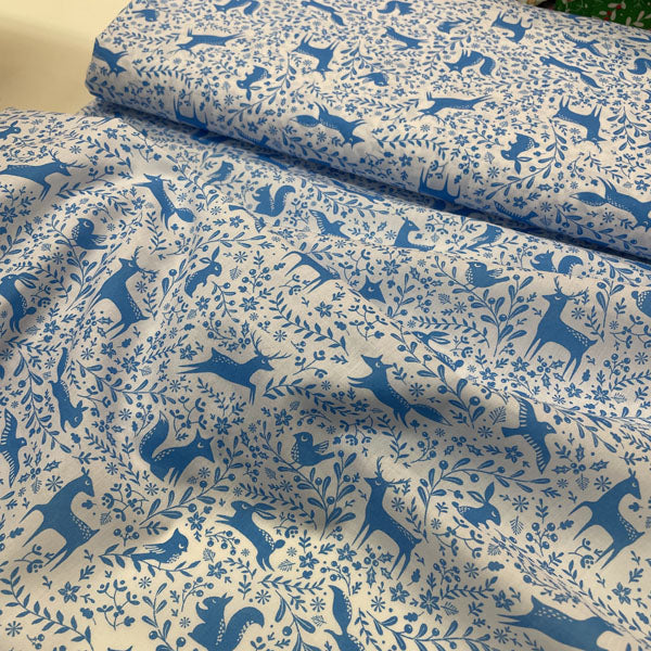 Blue & White Winter Forest Animals Printed Polycotton Fabric