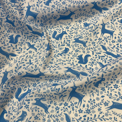 Blue & White Winter Forest Animals Printed Polycotton Fabric