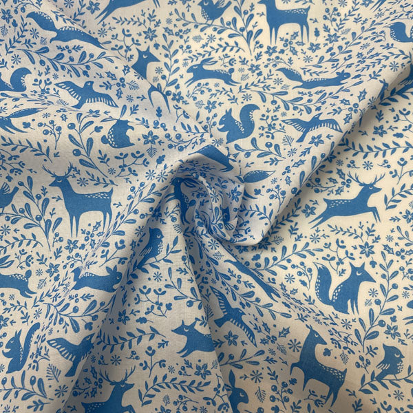 Blue & White Winter Forest Animals Printed Polycotton Fabric