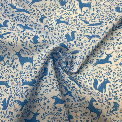 Blue & White Winter Forest Animals Printed Polycotton Fabric
