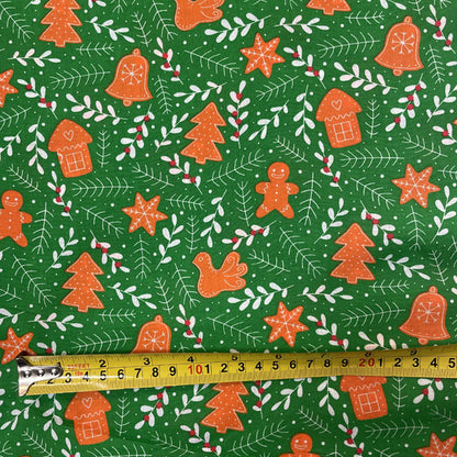 Green & White Gingerbread & Mistletoe Printed Polycotton Fabric